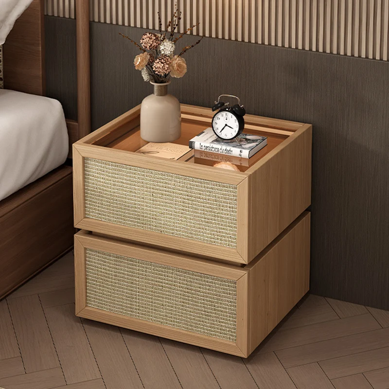 Modern Minimalist Wood Rattan Glass Square Nightstand With 2 Drawers For Bedroom & Living Room