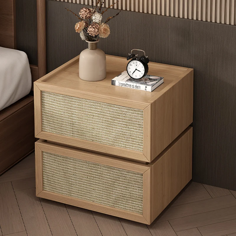 Modern Minimalist Wood Rattan Glass Square Nightstand With 2 Drawers For Bedroom & Living Room