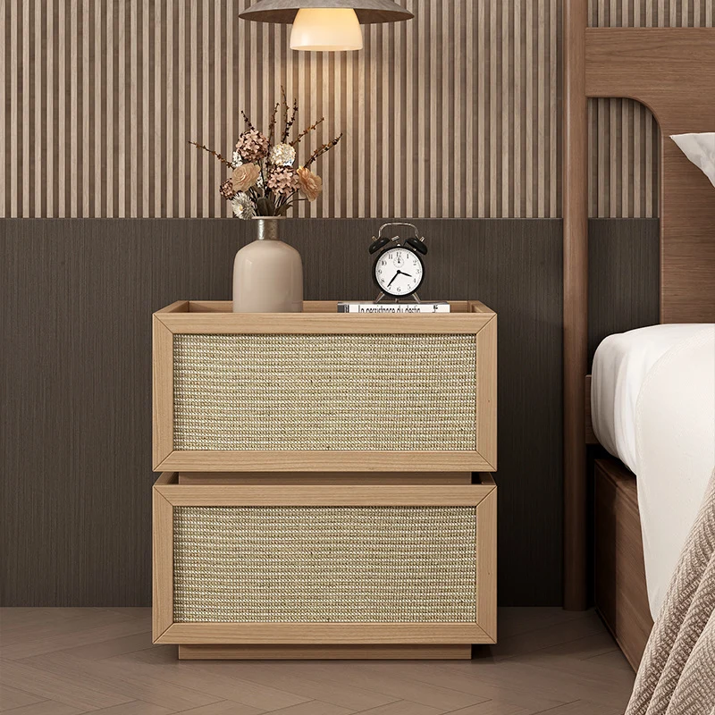 Modern Minimalist Wood Rattan Glass Square Nightstand With 2 Drawers For Bedroom & Living Room