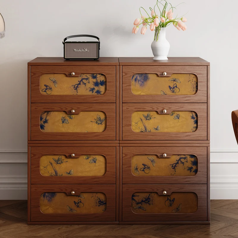 Traditional Chinese Eco-Friendly Engineered Plywood Pine Wood Velvet Rectangular Butterfly Nightstand With 2 Drawers For Bedroom Or Living Room