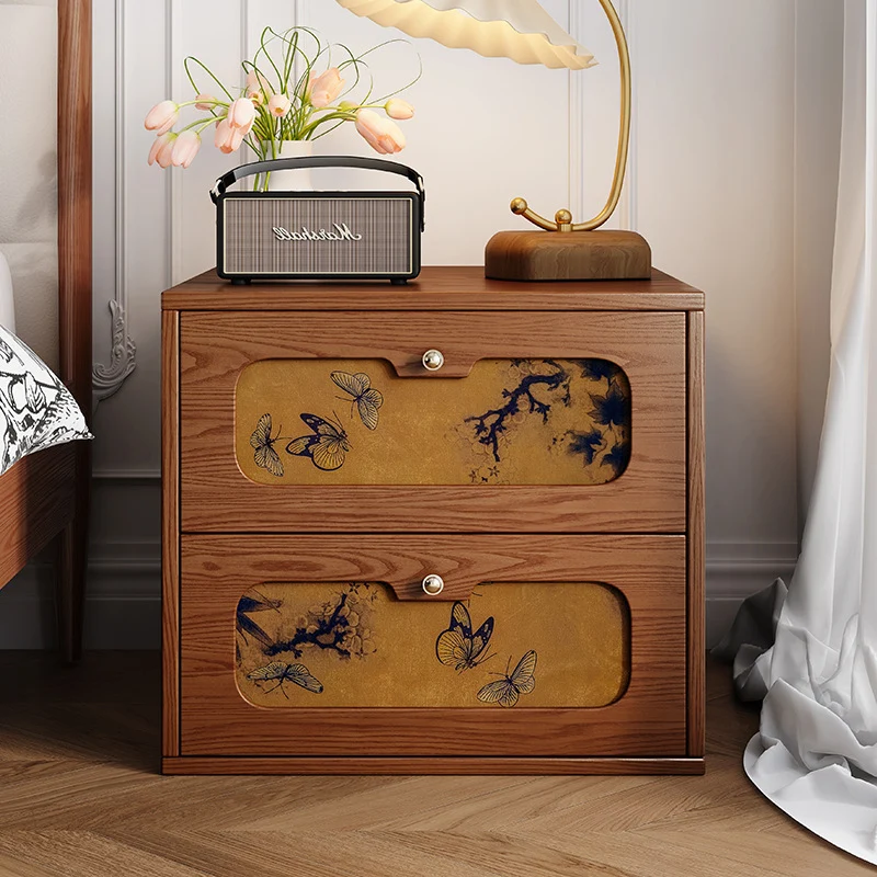 Traditional Chinese Eco-Friendly Engineered Plywood Pine Wood Velvet Rectangular Butterfly Nightstand With 2 Drawers For Bedroom Or Living Room