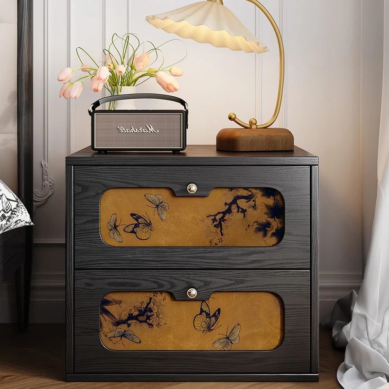 Traditional Chinese Eco-Friendly Engineered Plywood Pine Wood Velvet Rectangular Butterfly Nightstand With 2 Drawers For Bedroom Or Living Room