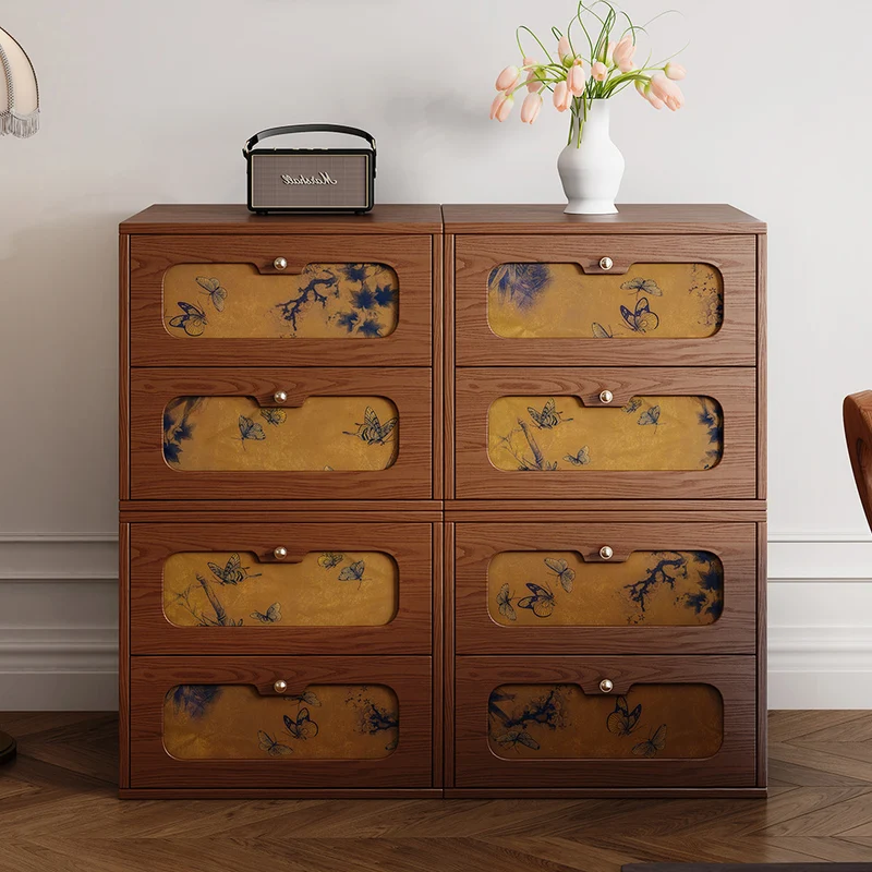 Traditional Chinese Eco-Friendly Engineered Plywood Pine Wood Velvet Rectangular Butterfly Nightstand With 2 Drawers For Bedroom Or Living Room