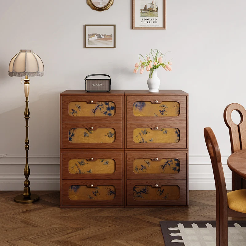 Traditional Chinese Eco-Friendly Engineered Plywood Pine Wood Velvet Rectangular Butterfly Nightstand With 2 Drawers For Bedroom Or Living Room