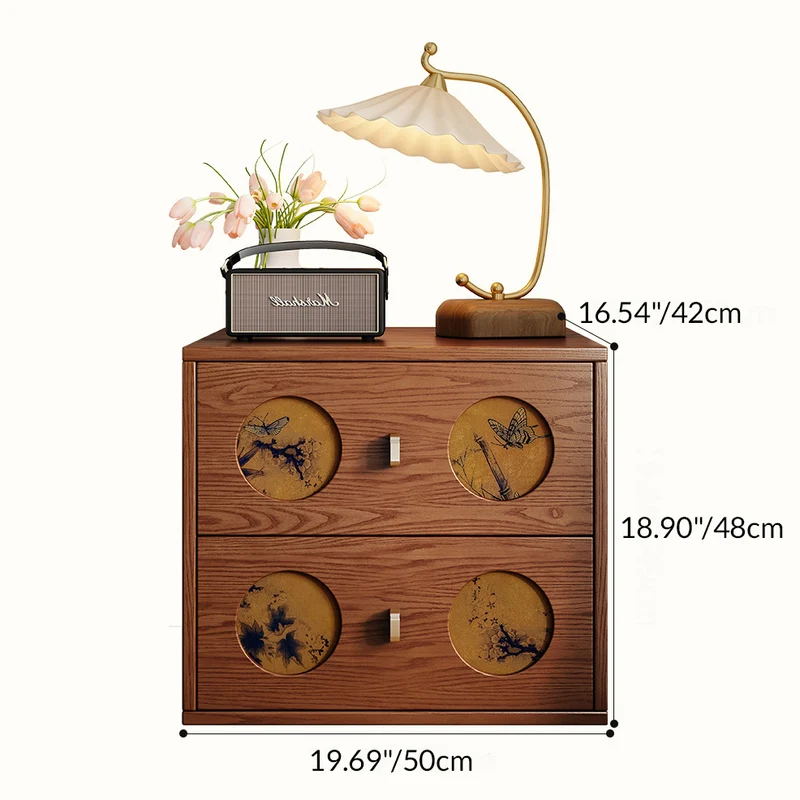 Traditional Chinese Eco-Friendly Engineered Wood Plywood Pine Wood Velvet Rectangular Nightstand With Butterfly Pattern And 2 Drawers For Bedroom Or Living Room
