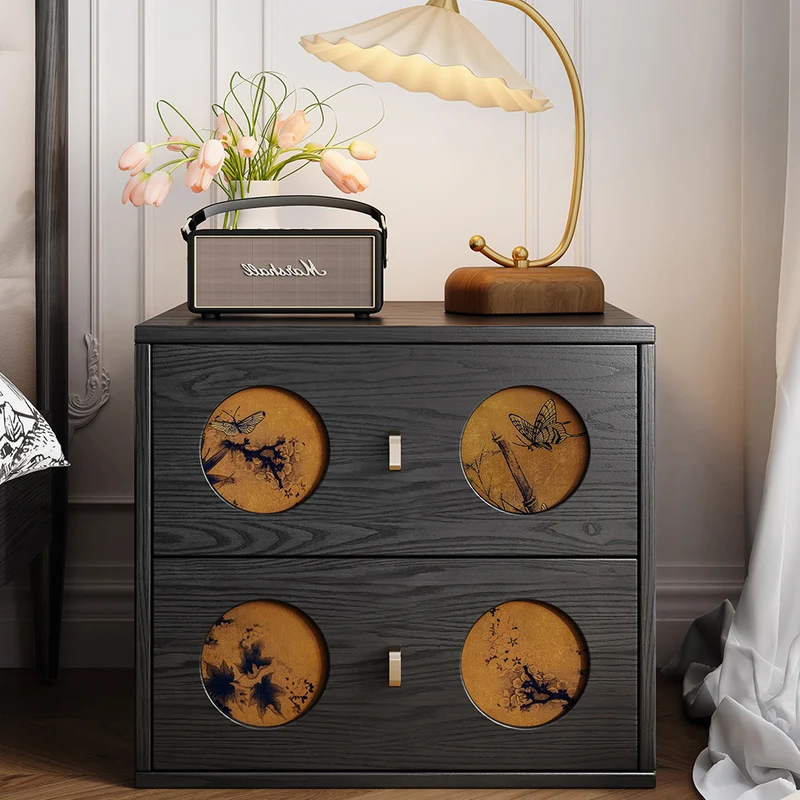 Traditional Chinese Eco-Friendly Engineered Wood Plywood Pine Wood Velvet Rectangular Nightstand With Butterfly Pattern And 2 Drawers For Bedroom Or Living Room