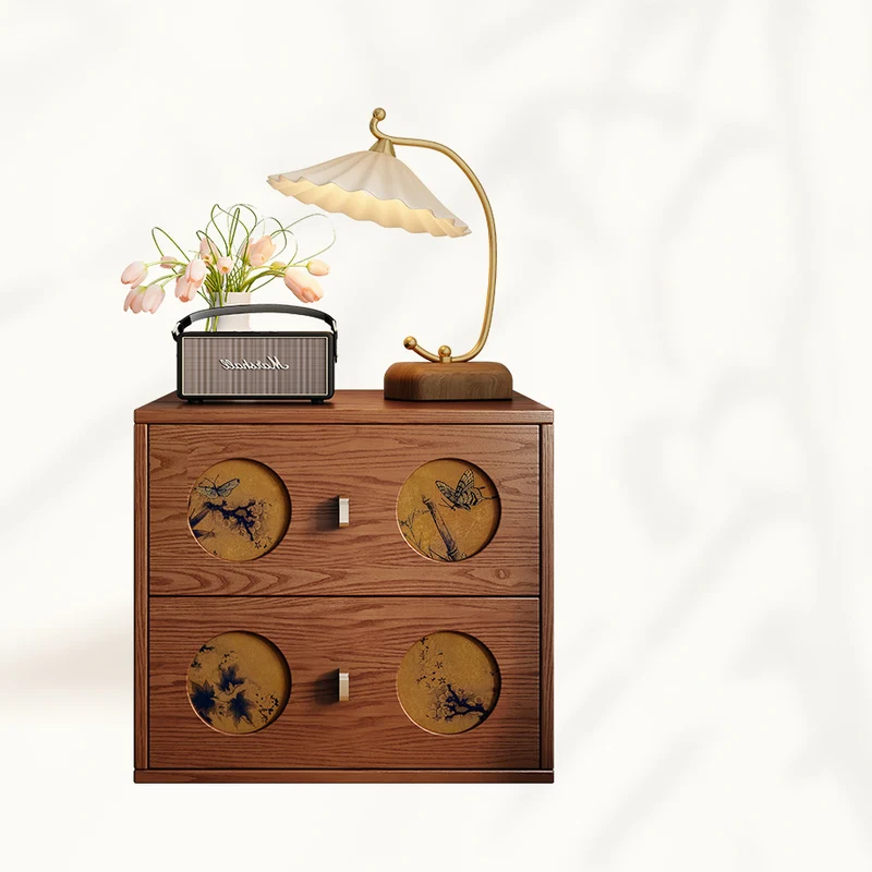 Traditional Chinese Eco-Friendly Engineered Wood Plywood Pine Wood Velvet Rectangular Nightstand With Butterfly Pattern And 2 Drawers For Bedroom Or Living Room