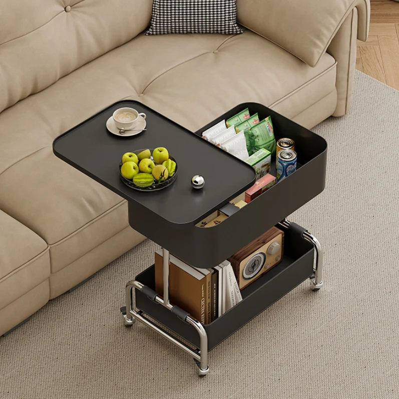 Contemporary Creative Medium-Density Fiberboard Iron Faux Leather Rounded Square Mobile End Table With 2 Tiers For Living Room