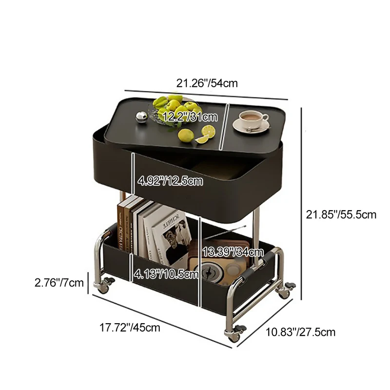 Contemporary Creative Medium-Density Fiberboard Iron Faux Leather Rounded Square Mobile End Table With 2 Tiers For Living Room