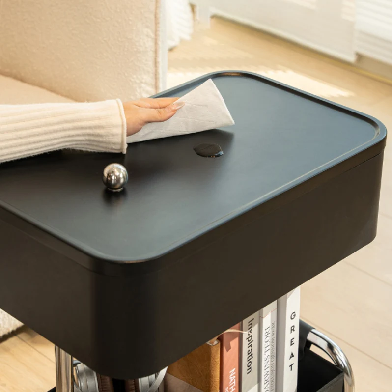 Contemporary Creative Medium-Density Fiberboard Iron Faux Leather Rounded Square Mobile End Table With 2 Tiers For Living Room