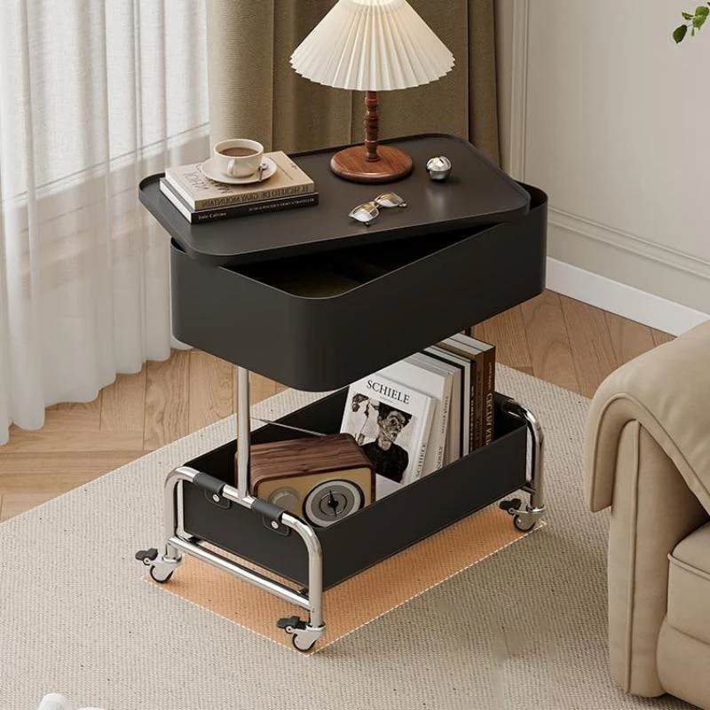Contemporary Creative Medium-Density Fiberboard Iron Faux Leather Rounded Square Mobile End Table With 2 Tiers For Living Room