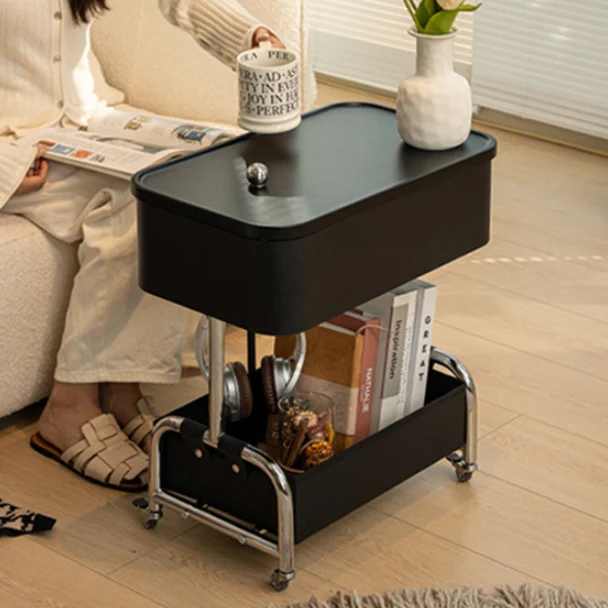 Contemporary Creative Medium-Density Fiberboard Iron Faux Leather Rounded Square Mobile End Table With 2 Tiers For Living Room