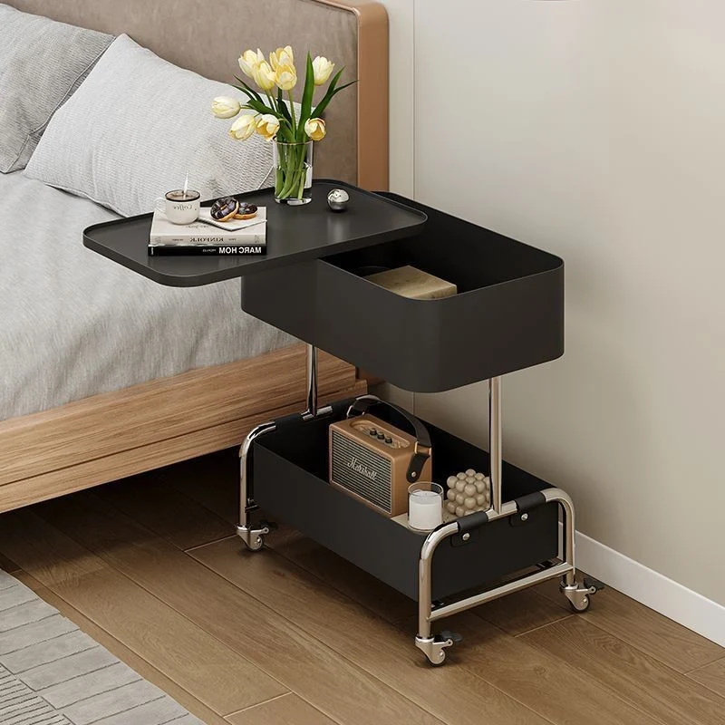 Contemporary Creative Medium-Density Fiberboard Iron Faux Leather Rounded Square Mobile End Table With 2 Tiers For Living Room