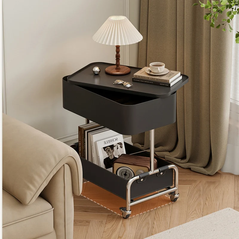 Contemporary Creative Medium-Density Fiberboard Iron Faux Leather Rounded Square Mobile End Table With 2 Tiers For Living Room