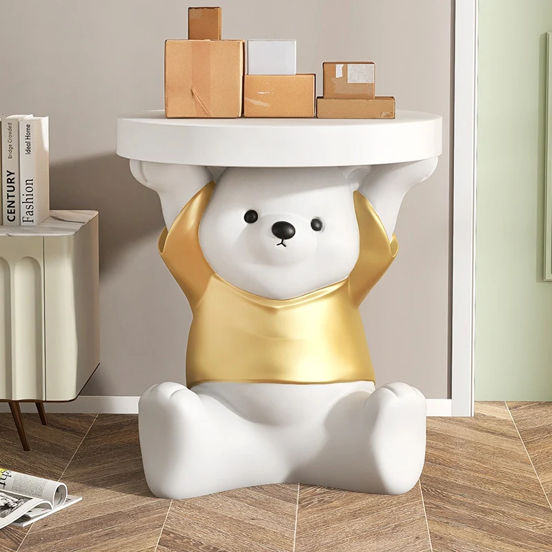 Modern Art Deco Resin Fiberglass Bear-Shaped Round End Table 1-Tier For Living Room