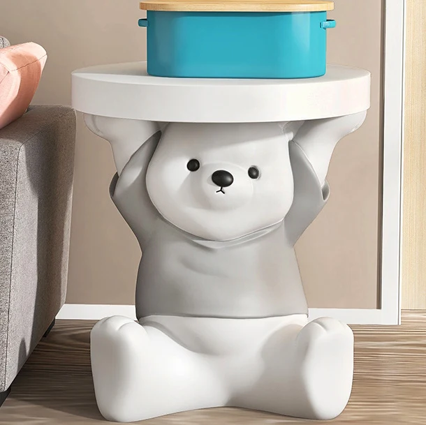 Modern Art Deco Resin Fiberglass Bear-Shaped Round End Table 1-Tier For Living Room