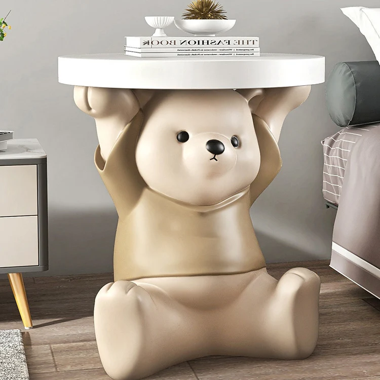 Modern Art Deco Resin Fiberglass Bear-Shaped Round End Table 1-Tier For Living Room