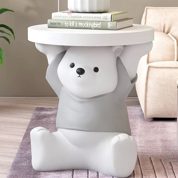 Modern Art Deco Resin Fiberglass Bear-Shaped Round End Table 1-Tier For Living Room
