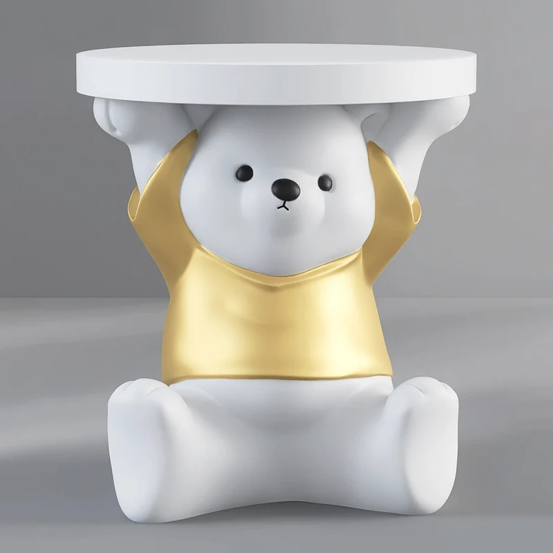 Modern Art Deco Resin Fiberglass Bear-Shaped Round End Table 1-Tier For Living Room