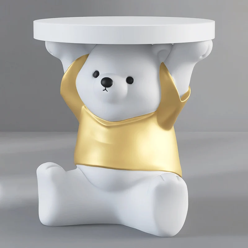 Modern Art Deco Resin Fiberglass Bear-Shaped Round End Table 1-Tier For Living Room