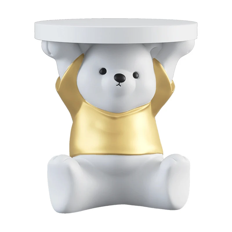 Modern Art Deco Resin Fiberglass Bear-Shaped Round End Table 1-Tier For Living Room
