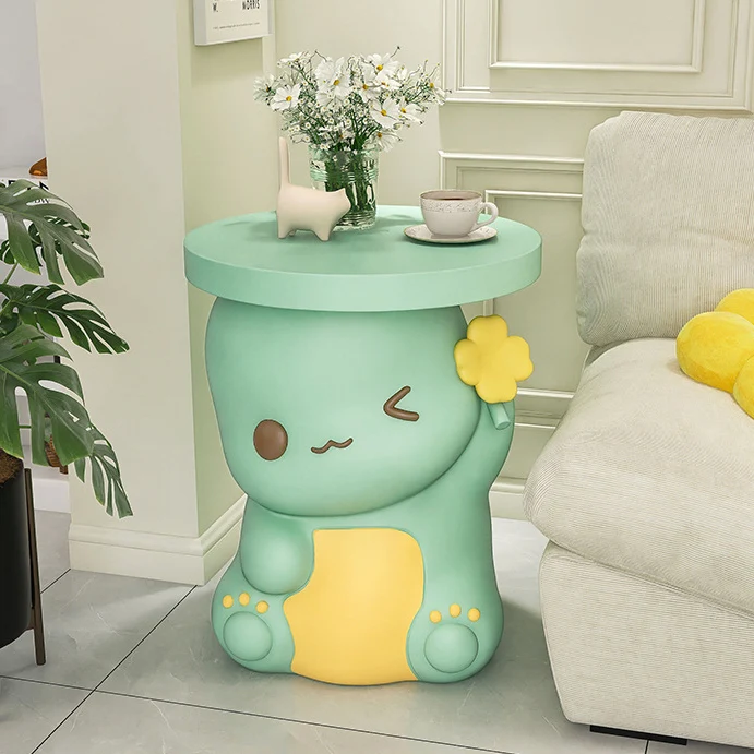Modern Art Deco Resin Cartoon Dinosaur Round End Table 1-Tier For Living Room