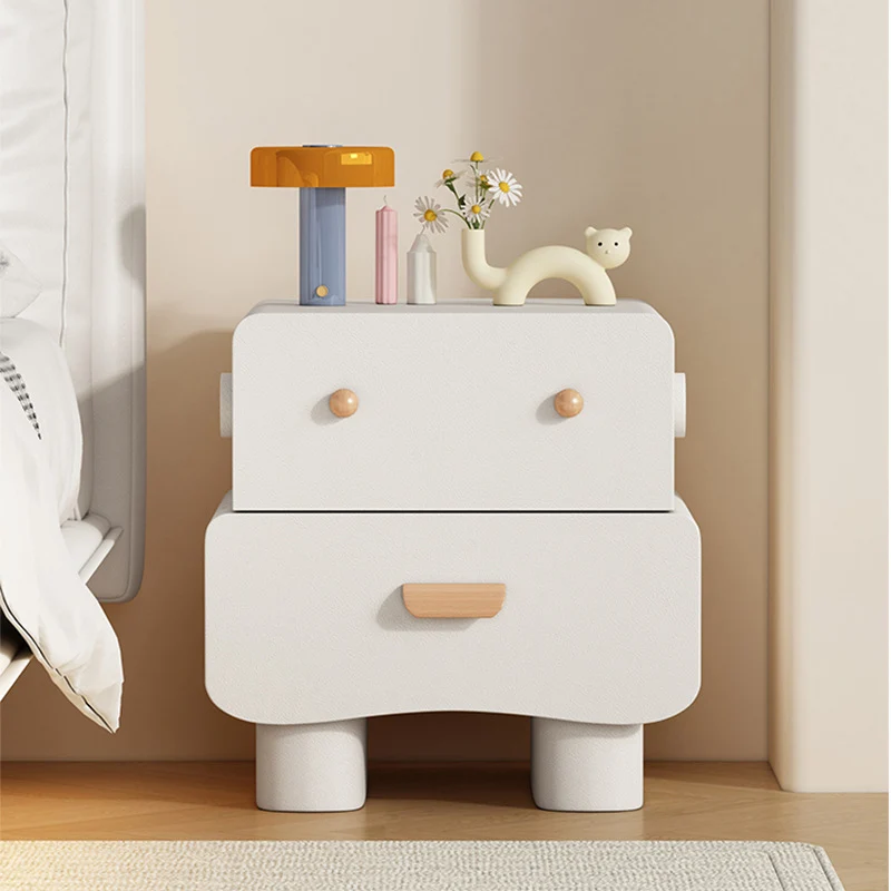 Contemporary Creative Faux Leather Solid Wood Curved Square Nightstand 2-Drawer For Bedroom