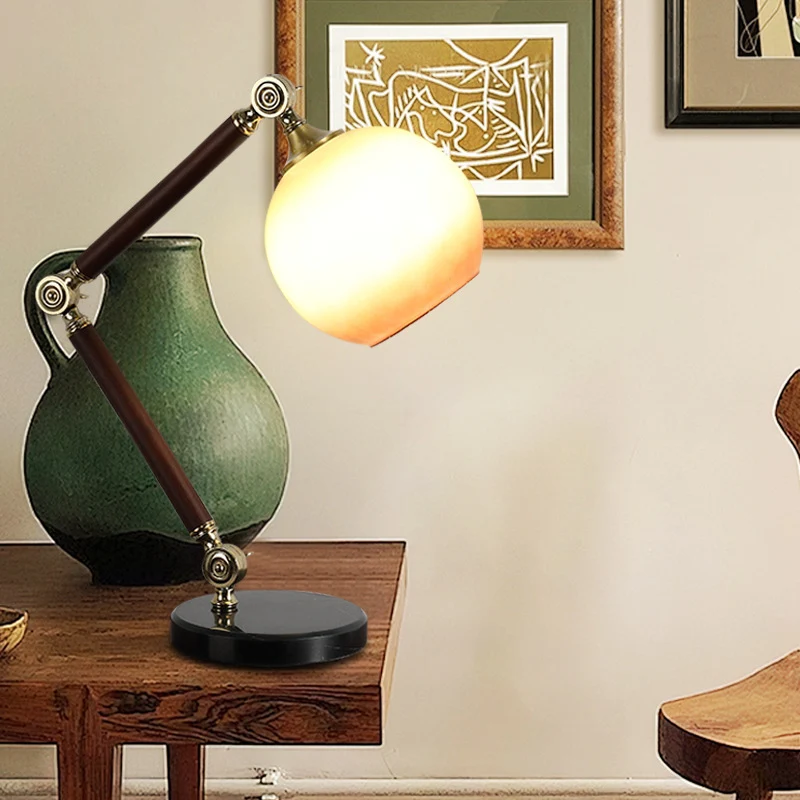 Contemporary Retro Semicircle Round Base Bendable Rubber Wood Marble Glass 1 - Light Table Lamp For Bedroom