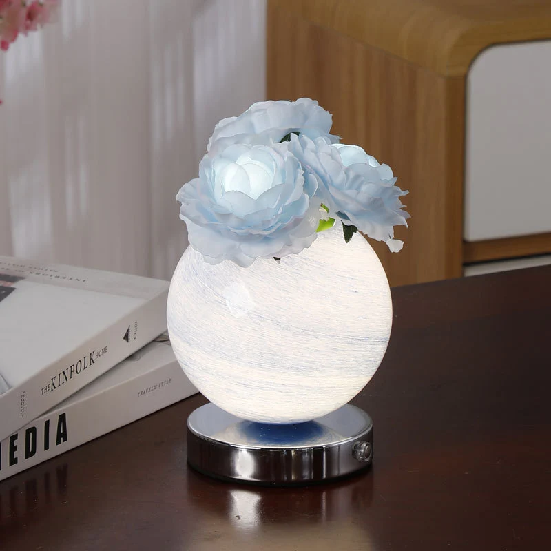 Modern Art Deco Simulated Rose Flower Glass Planet Shade USB Rechargeable LED Table Lamp Night Light For Bedroom