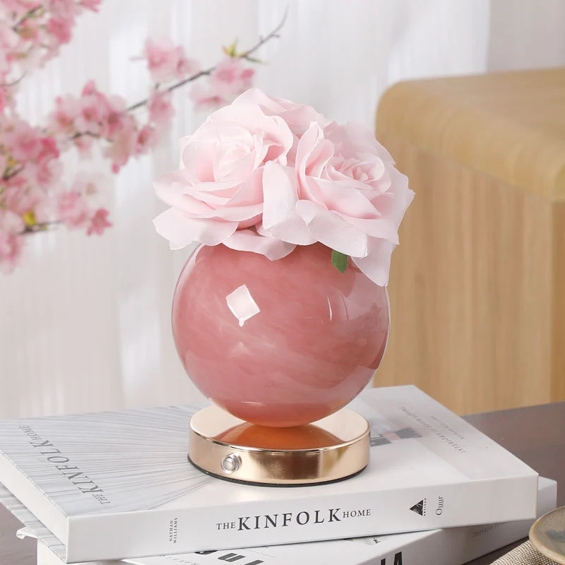 Modern Art Deco Simulated Rose Flower Glass Planet Shade USB Rechargeable LED Table Lamp Night Light For Bedroom