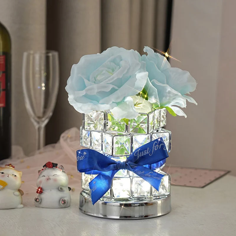 Modern Art Deco Simulated Fabric Rose Flower Crystal Square Hardware USB Rechargeable LED Table Lamp Night Light For Bedroom