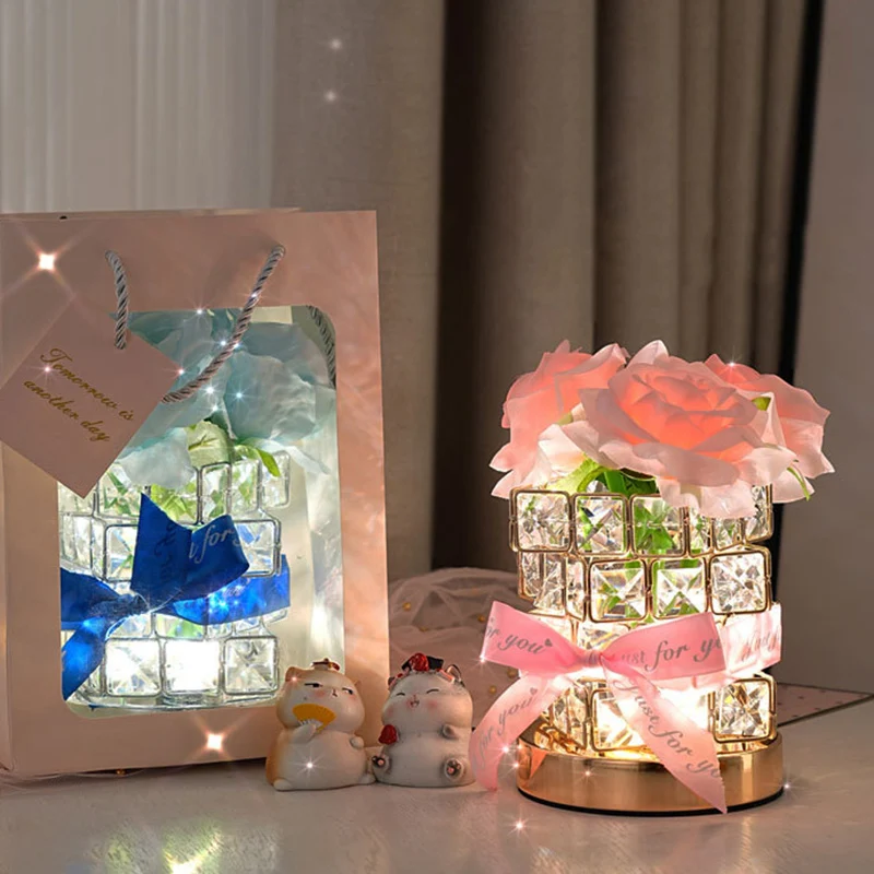 Modern Art Deco Simulated Fabric Rose Flower Crystal Square Hardware USB Rechargeable LED Table Lamp Night Light For Bedroom