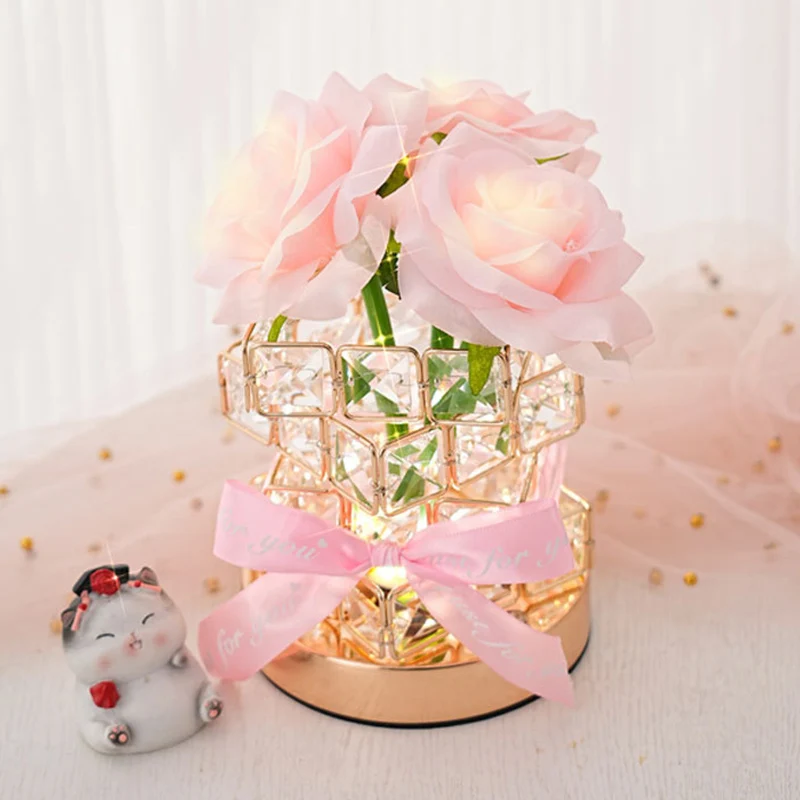 Modern Art Deco Simulated Fabric Rose Flower Crystal Square Hardware USB Rechargeable LED Table Lamp Night Light For Bedroom