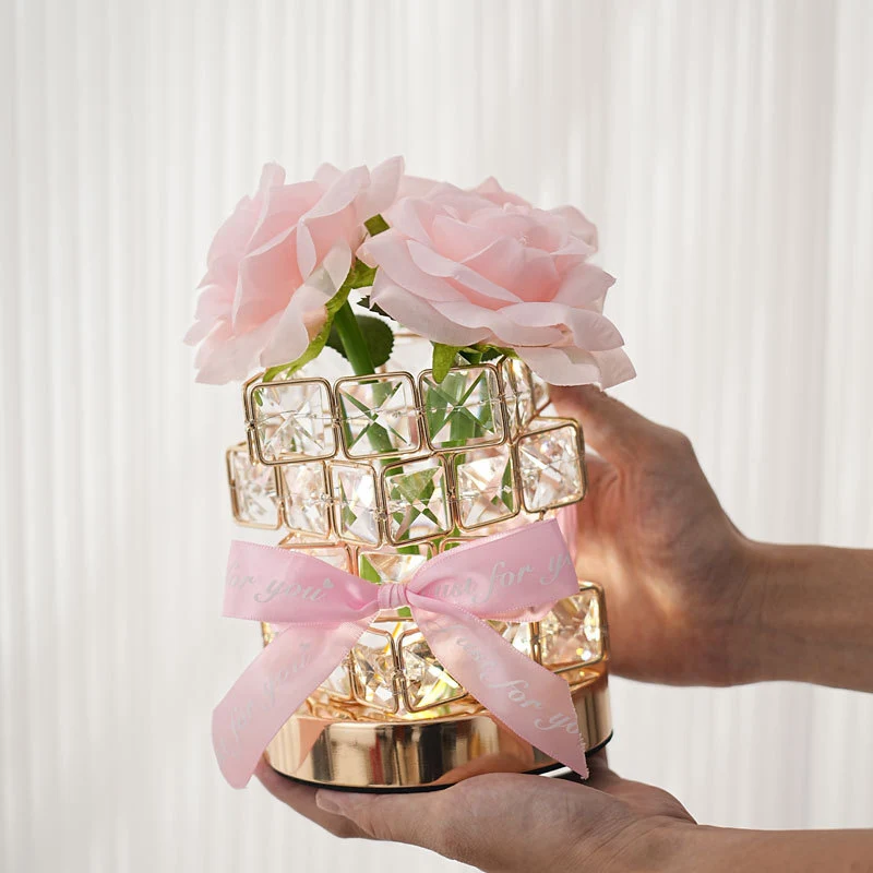 Modern Art Deco Simulated Fabric Rose Flower Crystal Square Hardware USB Rechargeable LED Table Lamp Night Light For Bedroom
