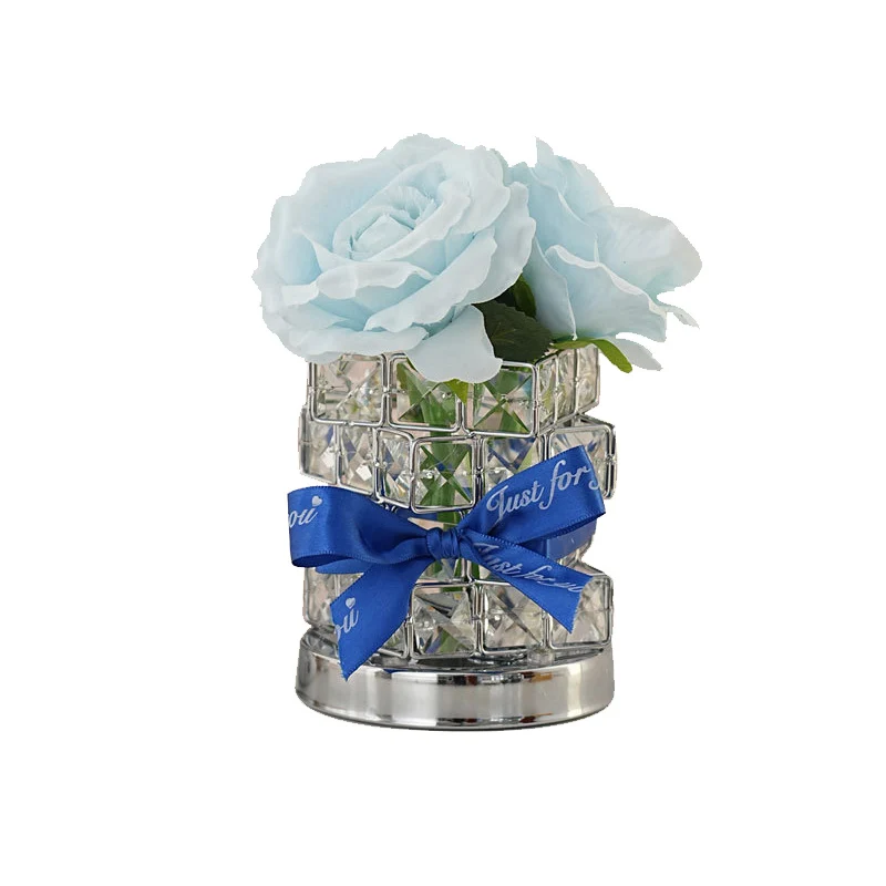 Modern Art Deco Simulated Fabric Rose Flower Crystal Square Hardware USB Rechargeable LED Table Lamp Night Light For Bedroom