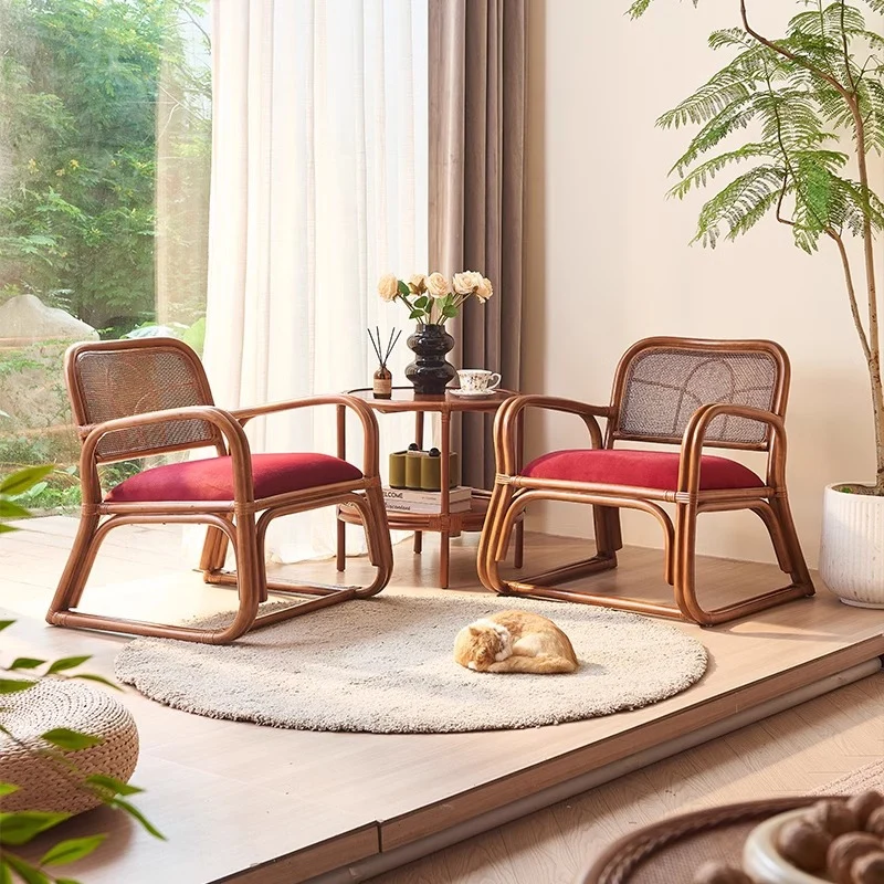 Traditional Japanese Square Velvet Rattan Weaving Sponge Accent Chair Backrest Armrest For Living Room