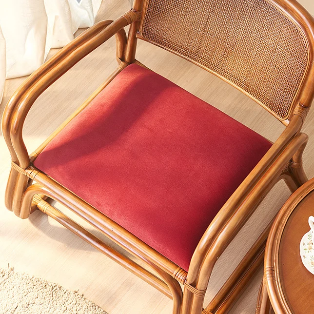Traditional Japanese Square Velvet Rattan Weaving Sponge Accent Chair Backrest Armrest For Living Room