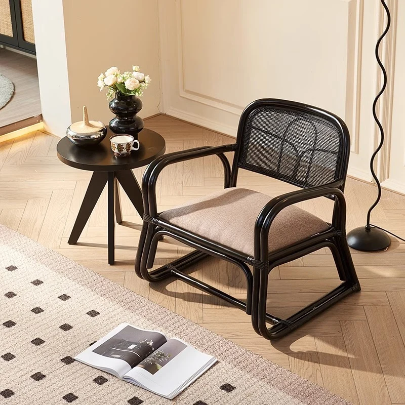 Traditional Japanese Square Velvet Rattan Weaving Sponge Accent Chair Backrest Armrest For Living Room
