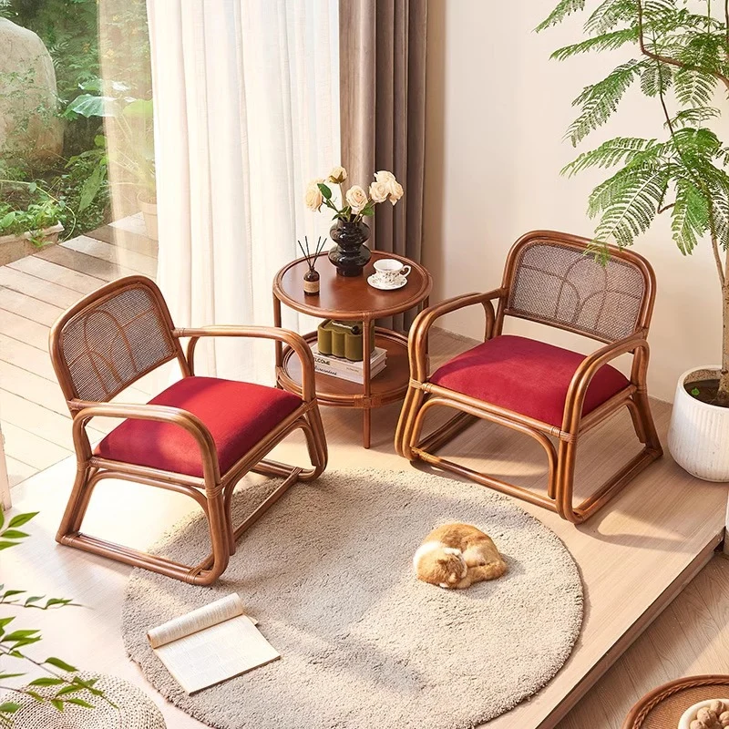 Traditional Japanese Square Velvet Rattan Weaving Sponge Accent Chair Backrest Armrest For Living Room