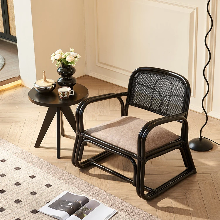 Traditional Japanese Square Velvet Rattan Weaving Sponge Accent Chair Backrest Armrest For Living Room