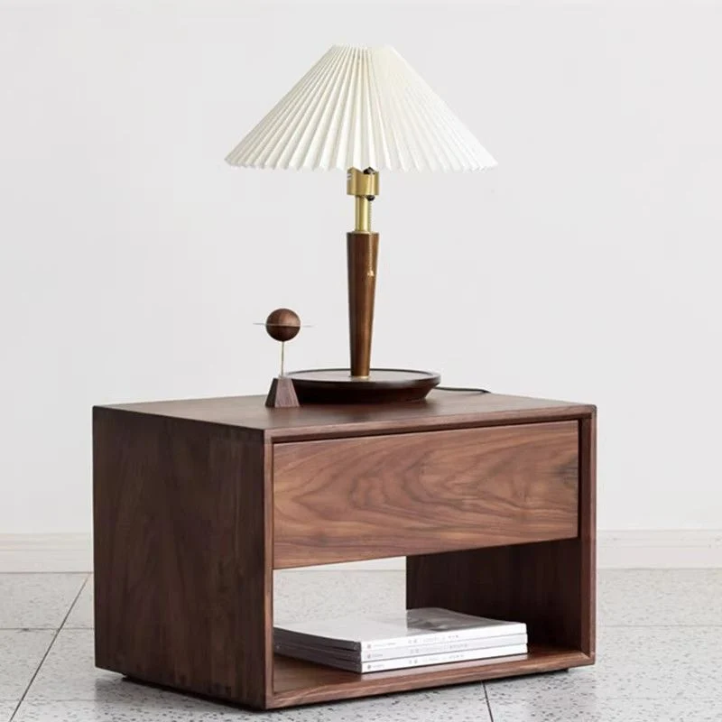 Traditional Japanese Pine Wood Rounded Square Nightstand 1-Drawer For Bedroom