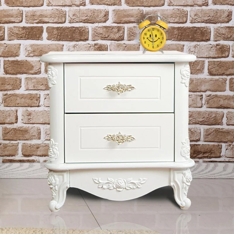 Traditional European Square Cube Carving Medium Density Fiberboard Nightstand 2 - Drawer For Bedroom