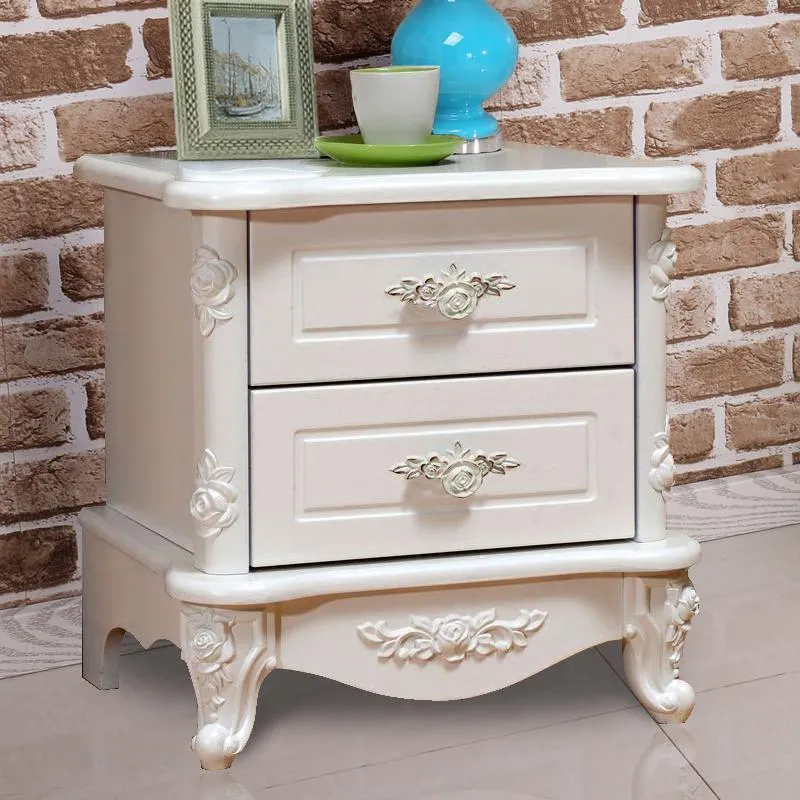 Traditional European Square Cube Carving Medium Density Fiberboard Nightstand 2 - Drawer For Bedroom
