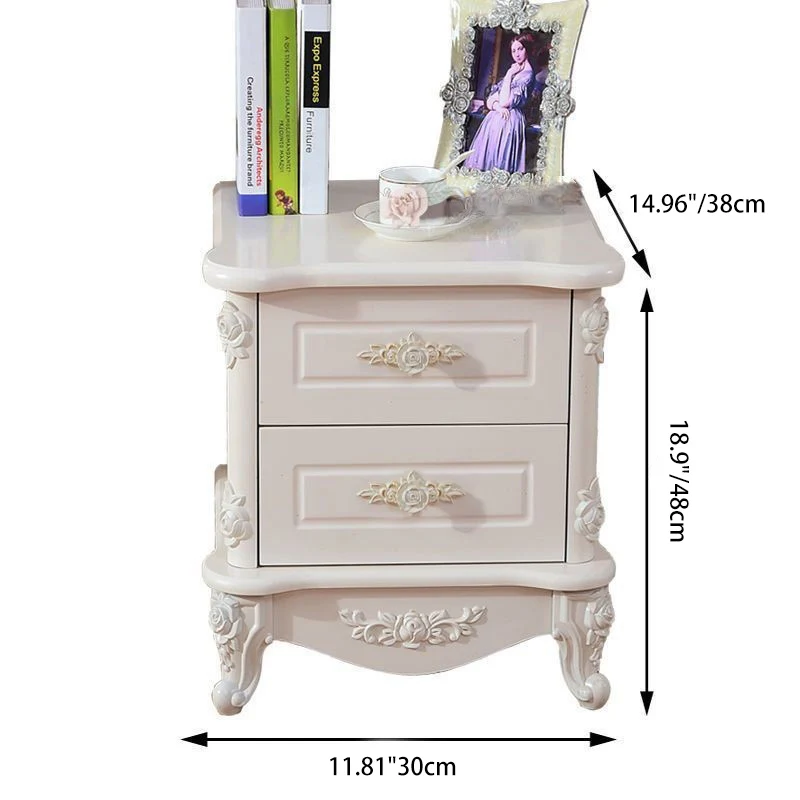Traditional European Square Cube Carving Medium Density Fiberboard Nightstand 2 - Drawer For Bedroom