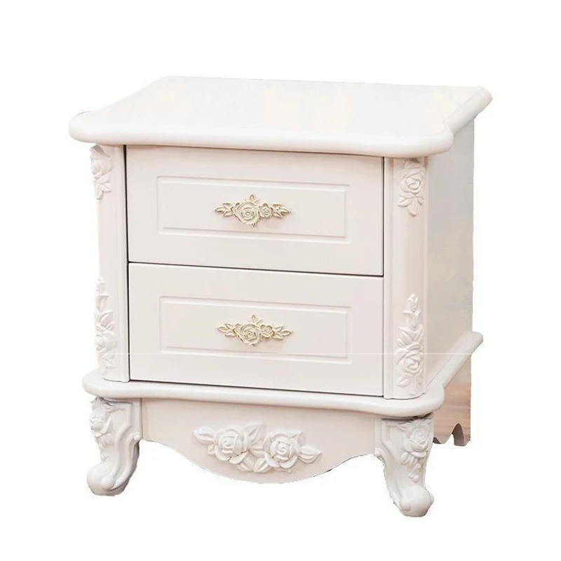 Traditional European Square Cube Carving Medium Density Fiberboard Nightstand 2 - Drawer For Bedroom
