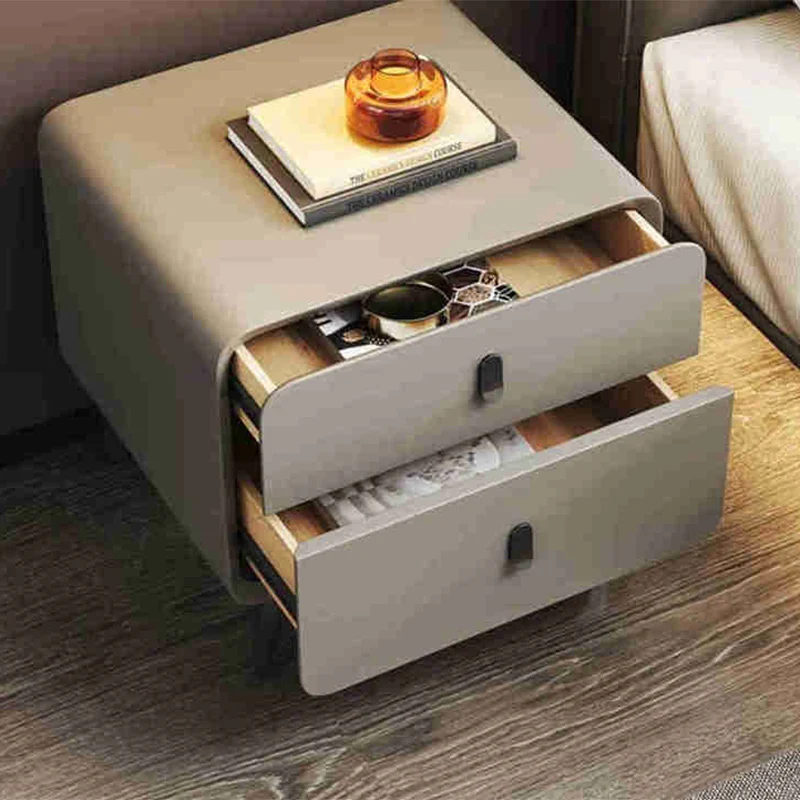 Contemporary Nordic Square Cube Medium Density Fiberboard Pine Faux Leather Nightstand 2 - Drawer For Bedroom