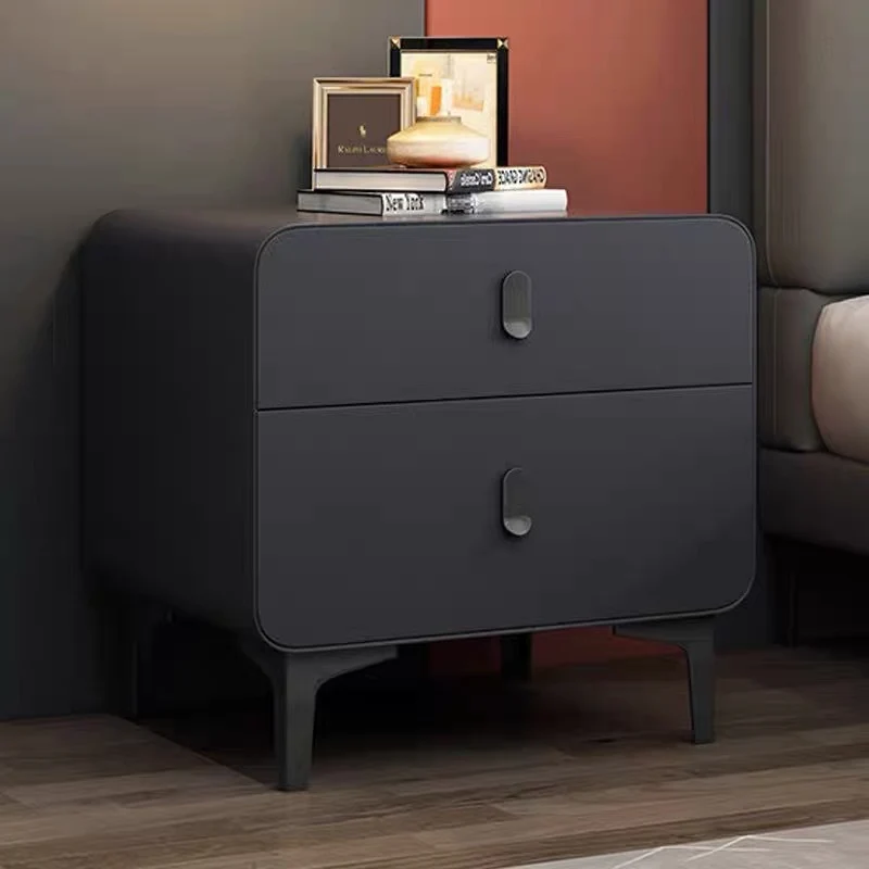 Contemporary Nordic Square Cube Medium Density Fiberboard Pine Faux Leather Nightstand 2 - Drawer For Bedroom