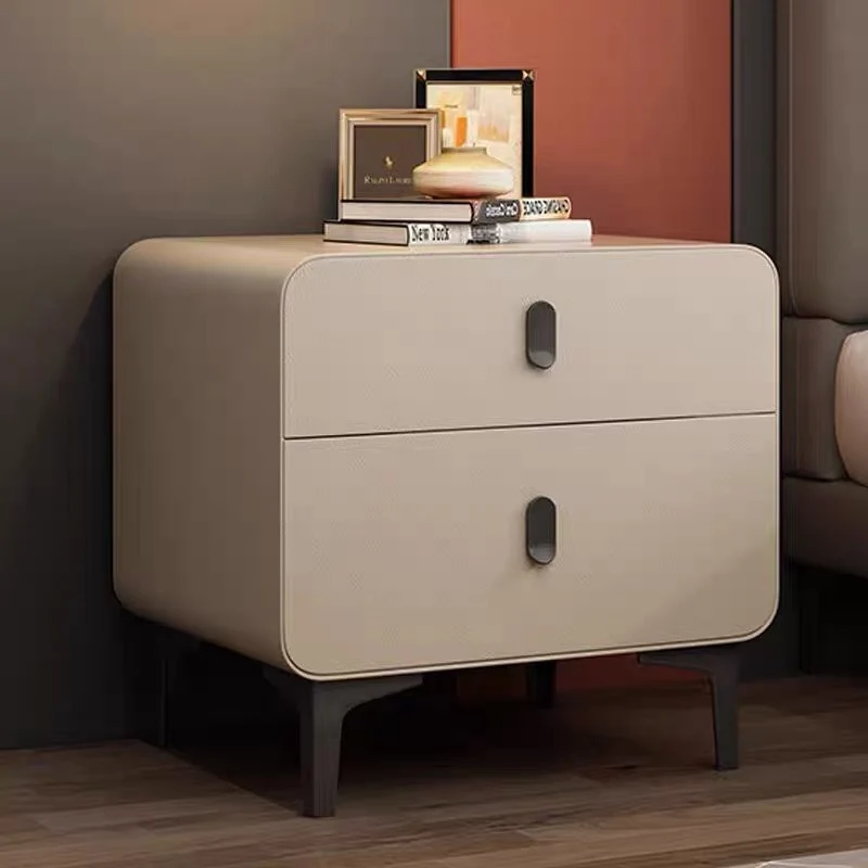 Contemporary Nordic Square Cube Medium Density Fiberboard Pine Faux Leather Nightstand 2 - Drawer For Bedroom