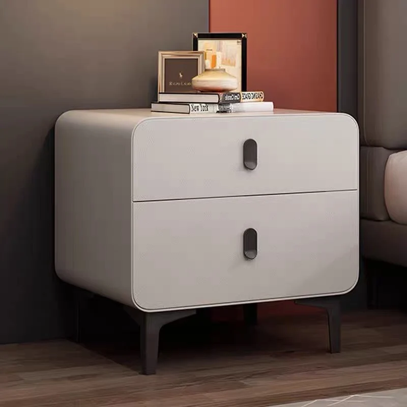 Contemporary Nordic Square Cube Medium Density Fiberboard Pine Faux Leather Nightstand 2 - Drawer For Bedroom