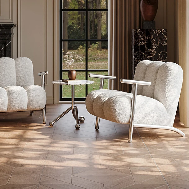 Traditional Chinese Sherpa Fabric Suede Wood Stainless Steel Square Wave Accent Chair With Armrest & Backrest For Living Room